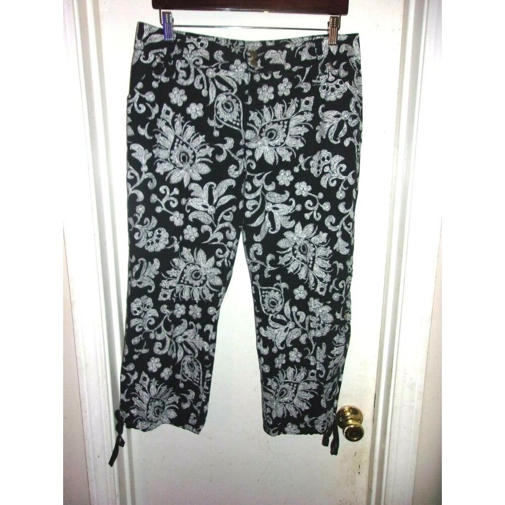 Coldwater Creek‎ Black White Floral Capri Pants 12 Paisley Cropped Trousers